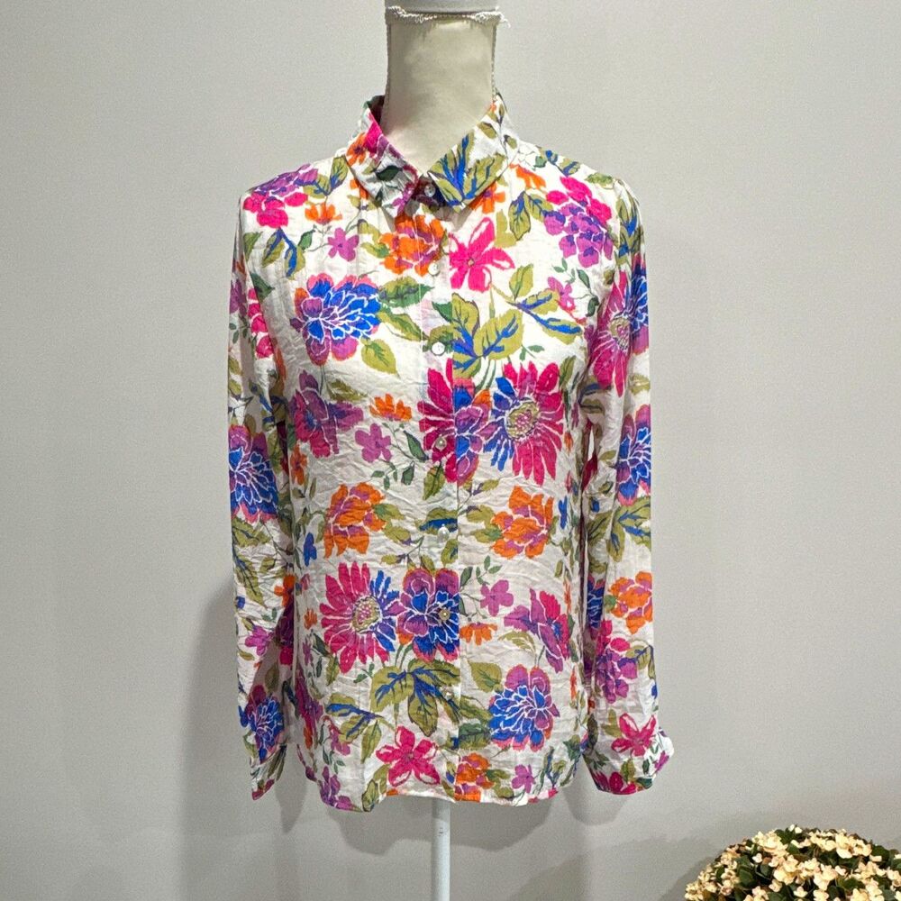 Easy Clothes Floral Collared Long Sleeve Button-Down Blouse Sz S Woven Silk